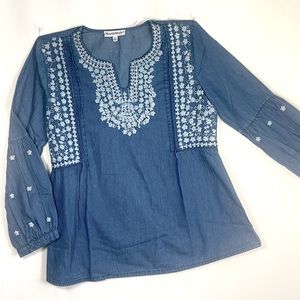 Boho festival long sleeve blouse western shirt denim blue embroidered hippie